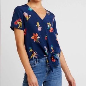 Madewell Silk Blue Novel Tie In Birds of Paradise Short Sleeve Blouse Med